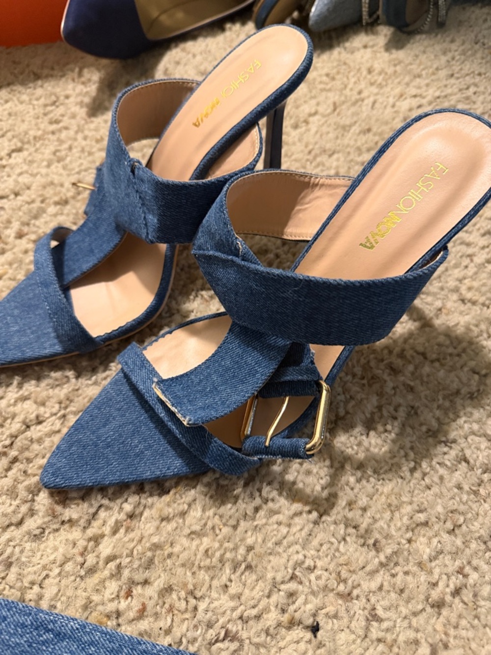 Fashion Nova Blue Denim Cross-Strap Pointed Mules - Picture 4 of 5